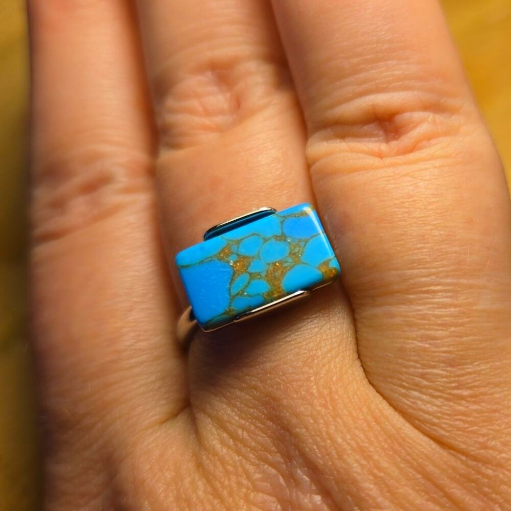 Size 8 Rectangular Turquoise Ring Silver Tone Sta… - image 1